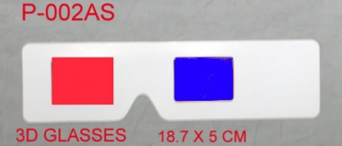 Cardboard 3D glasses, client’s design surface printing with red/blue foil lens. 18.7 x 5cm ,no arms.